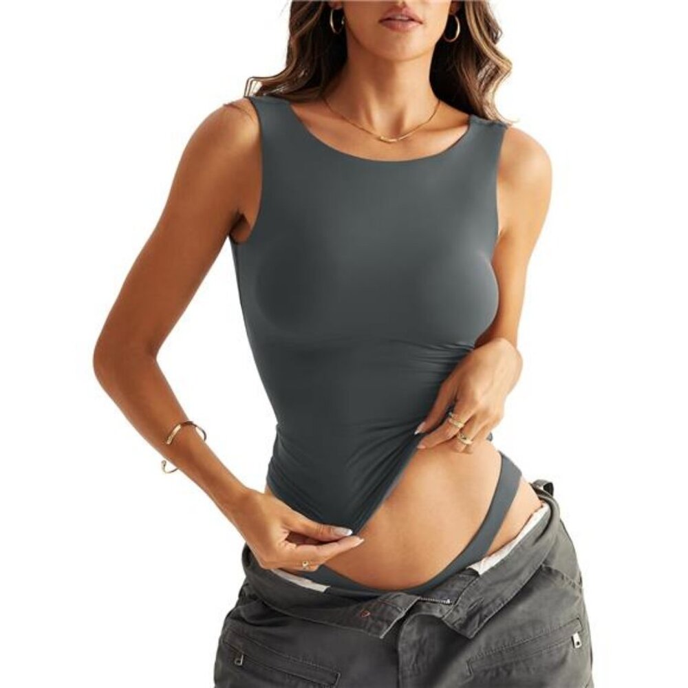 Women Sleeveless Boat Neck Tops Double Lined Backless Tank Tops Basic Fitted